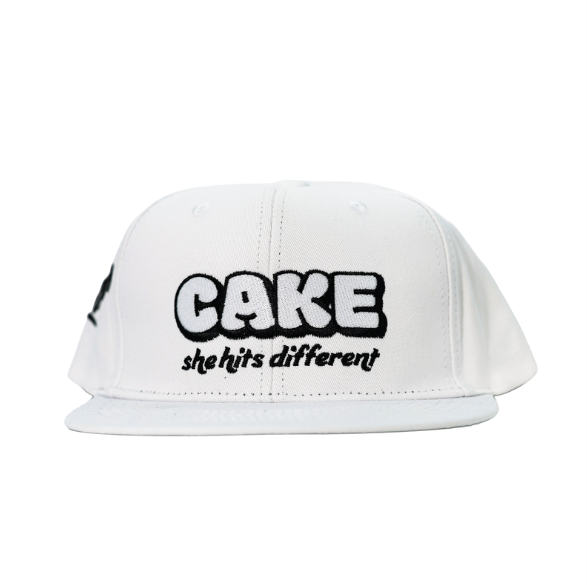White Flat Bill Hat "She Hits Different"